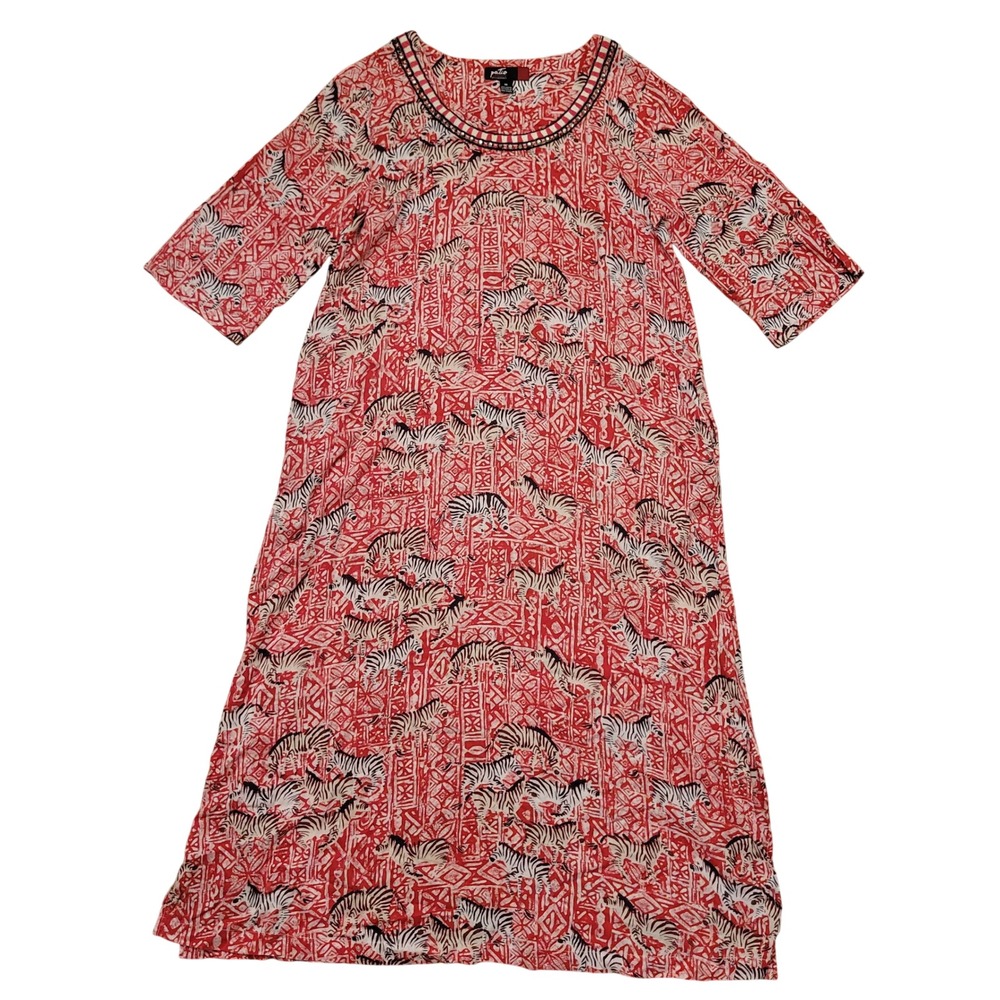 Patio Casuals Cabernet M Dress Pink Zebra Tribal Beaded Caftan Muu Muu Lounge